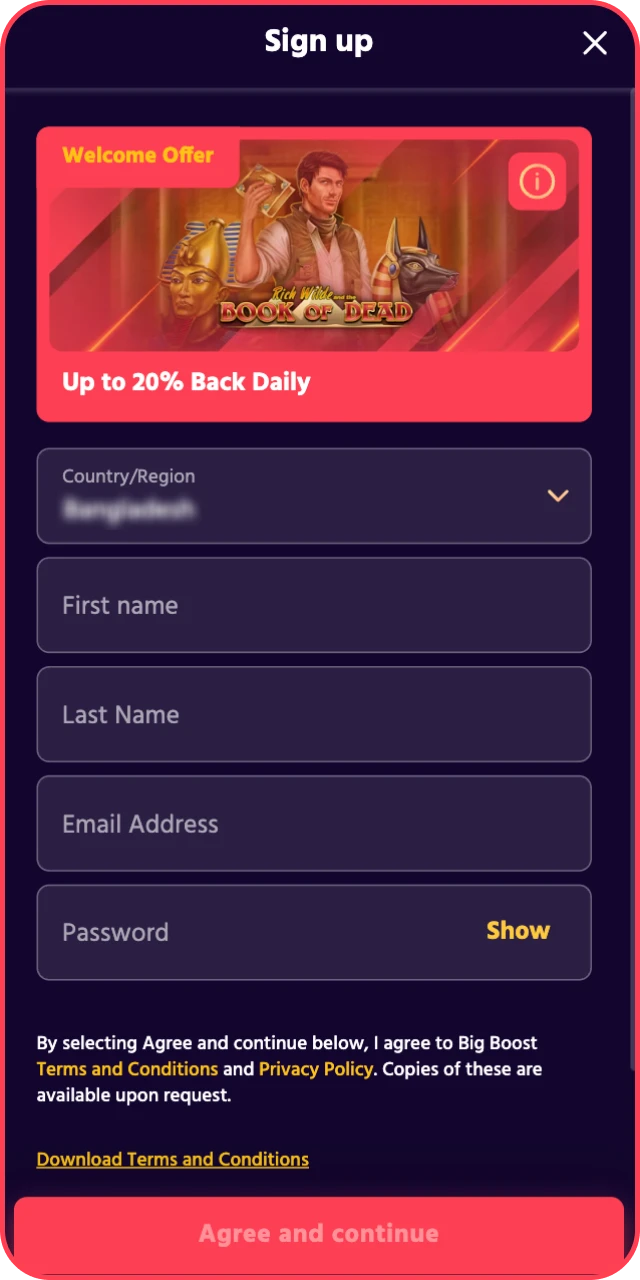Open the registration interface to create your Big Baazi App profile.