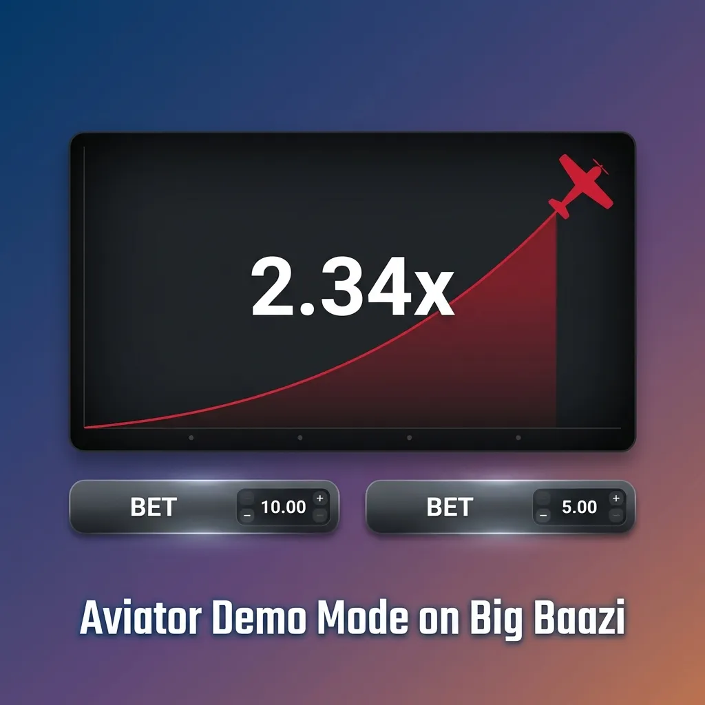 Aviator game demo mode interface on Big Baazi showing virtual credits and practice gameplay features