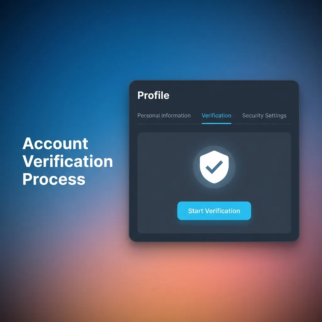 Step-by-step account verification process showing email confirmation, phone verification, document upload, and approval steps