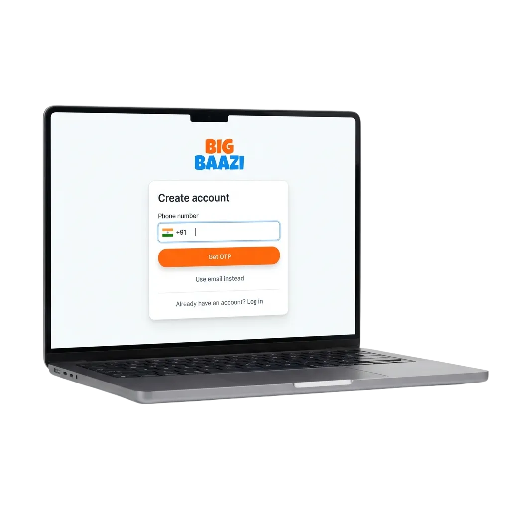 Big Baazi registration screen showing sign-up options for Indian players to access casino games and sports betting