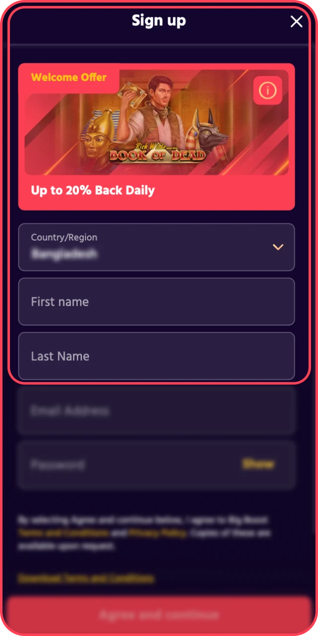 Register your new profile to start playing at Big Baazi Casino.