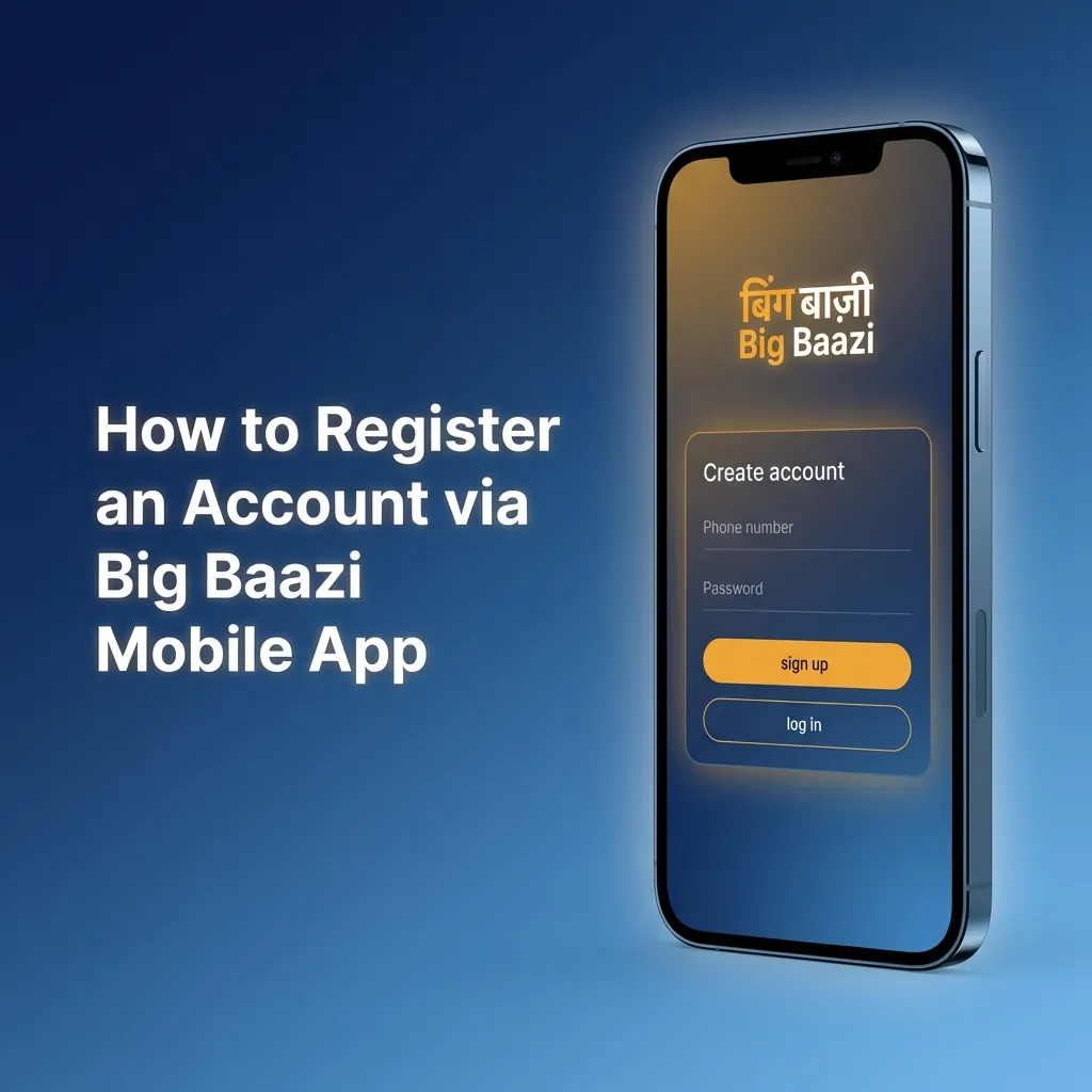 Big Baazi mobile app registration screen showing sign-up form with fields for mobile number, email, and password