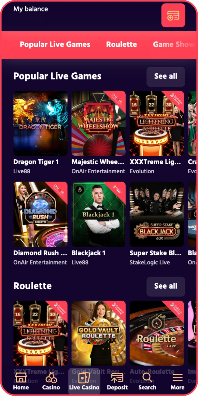 Take your seat at the professional Big Baazi Live Casino table and bet.