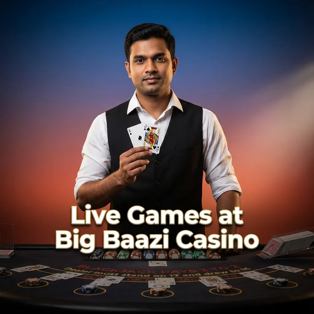 Live dealer tables at Big Baazi Casino featuring roulette, baccarat, blackjack, poker, and game shows streamed in HD