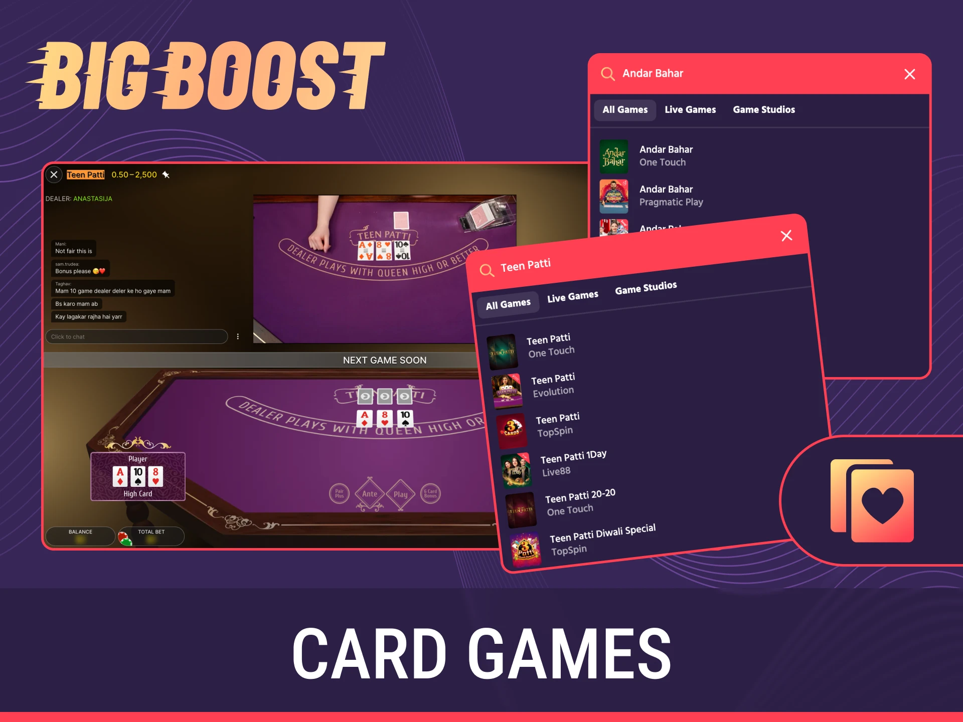 Enjoy competitive card games with other players at Big Baazi casino.