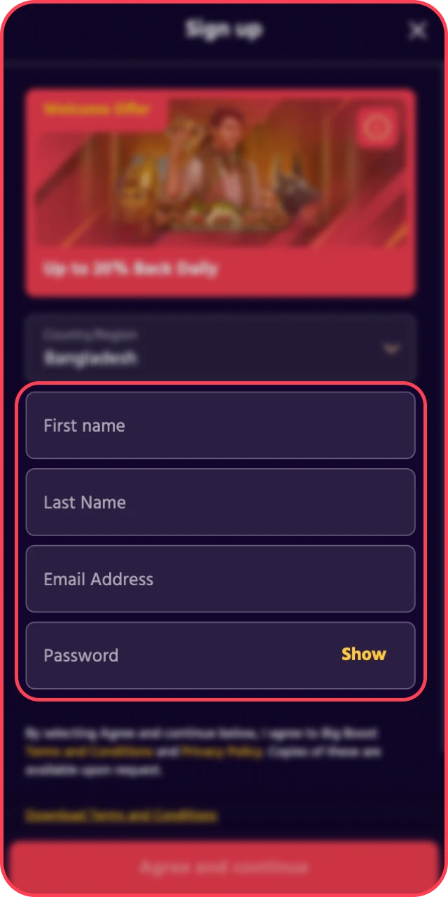 Enter required registration details to secure your Big Baazi casino profile.