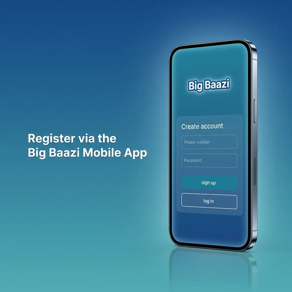Step-by-step guide showing Big Baazi mobile app registration process with sign-up button and verification options