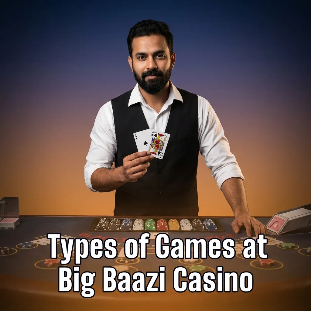 Colorful casino game interface showing slots, cards, roulette wheel, and digital displays representing Big Baazi's gaming variety